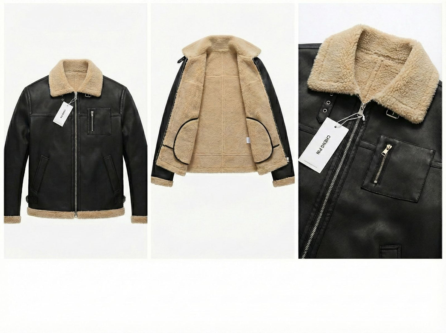 BLACK Leather Jacket with Fur{Brown} - Size M