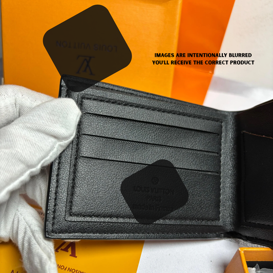 LW Logo Printed - BLACK-White patches - Leather Wallet { With Bag}