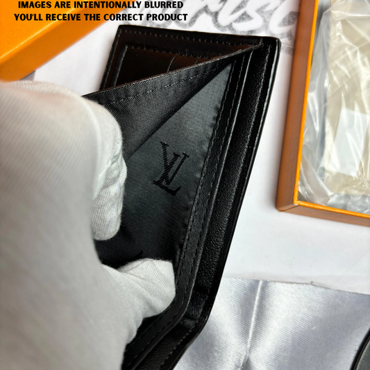 LW Logo Printed - BLACK-White patches - Leather Wallet { With Bag}