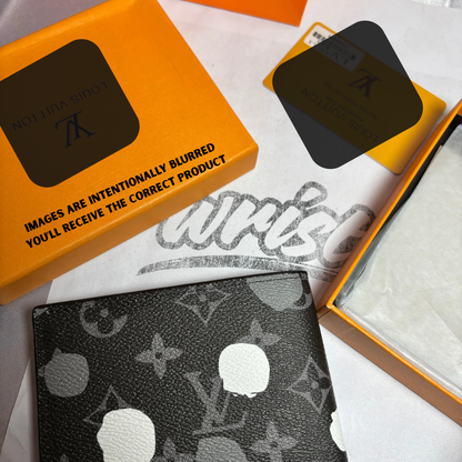 LW Logo Printed - BLACK-White patches - Leather Wallet { With Bag}