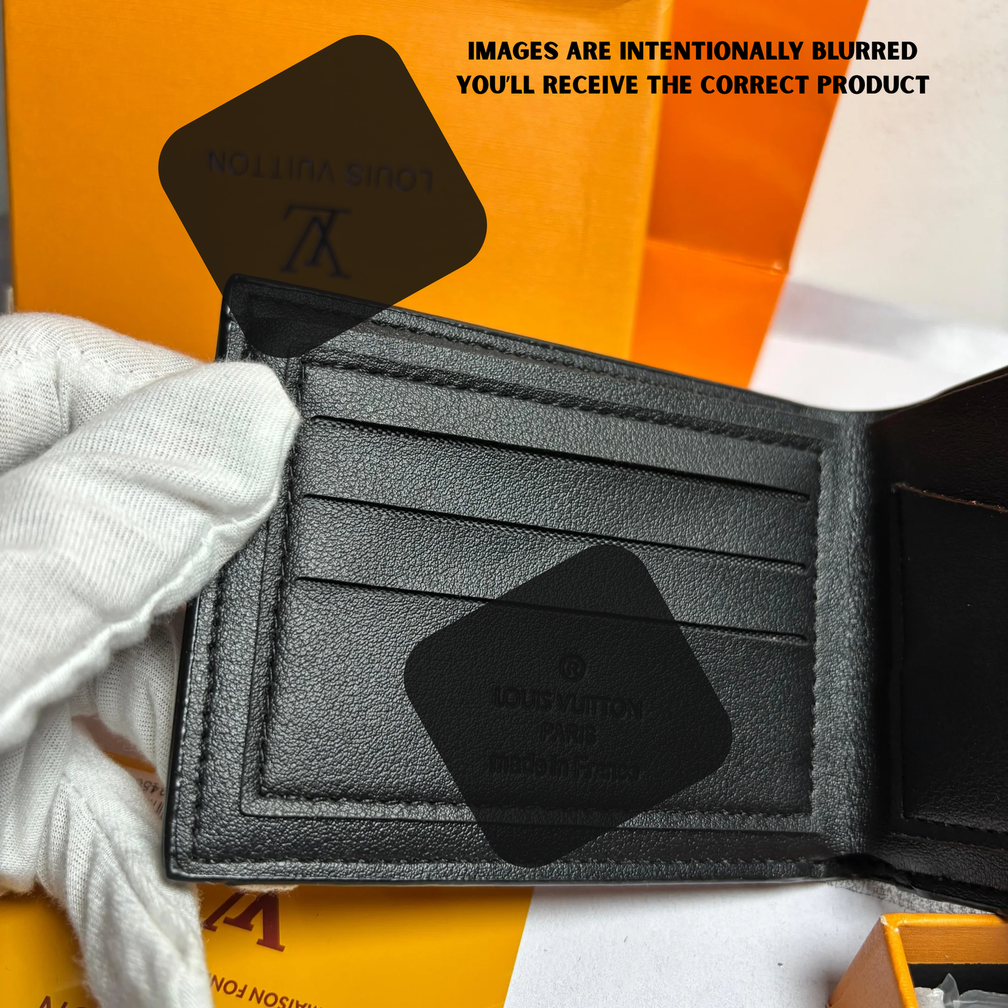 LW Logo Printed - BLACK-White patches - Leather Wallet { With Bag}