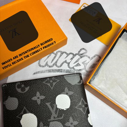 LW Logo Printed - BLACK-White patches - Leather Wallet { With Bag}