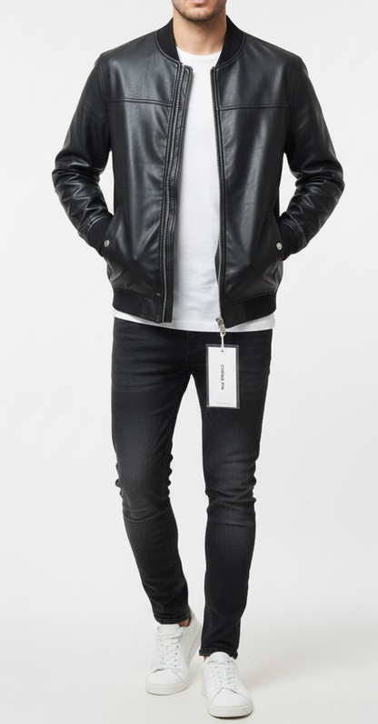Leather Bomber Jacket - BLACK( Size - M)
