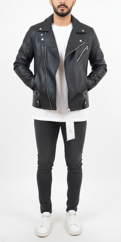 Leather BIKER Jacket - BLACK - size L