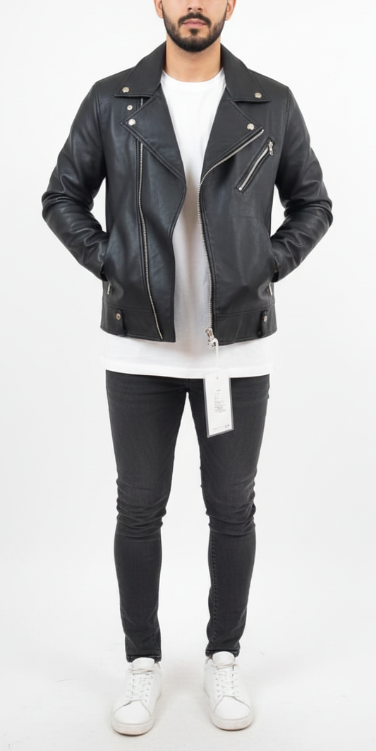 Leather BIKER Jacket - BLACK - size L