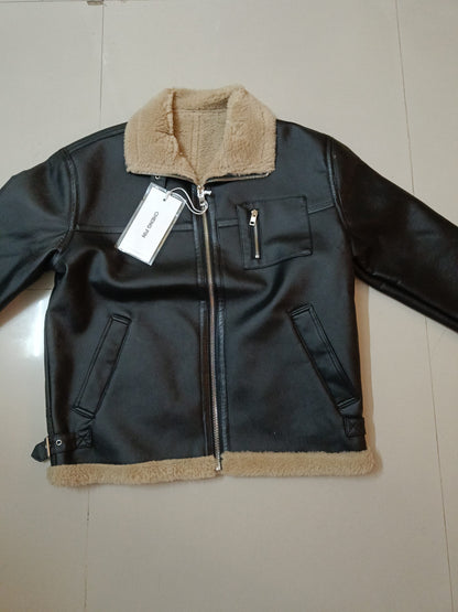 BLACK Leather Jacket with Fur{Brown} - Size M