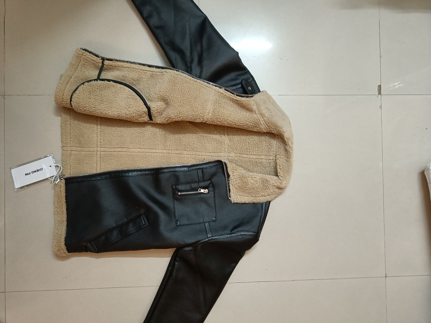 BLACK Leather Jacket with Fur{Brown} - Size M