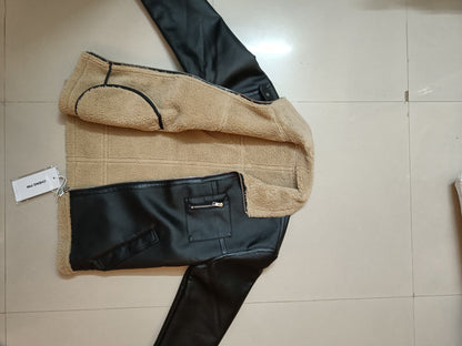 BLACK Leather Jacket with Fur{Brown} - Size M