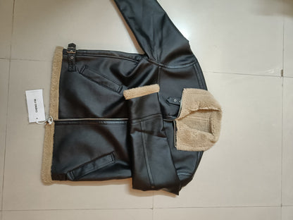 BLACK Leather Jacket with Fur{Brown} - Size M
