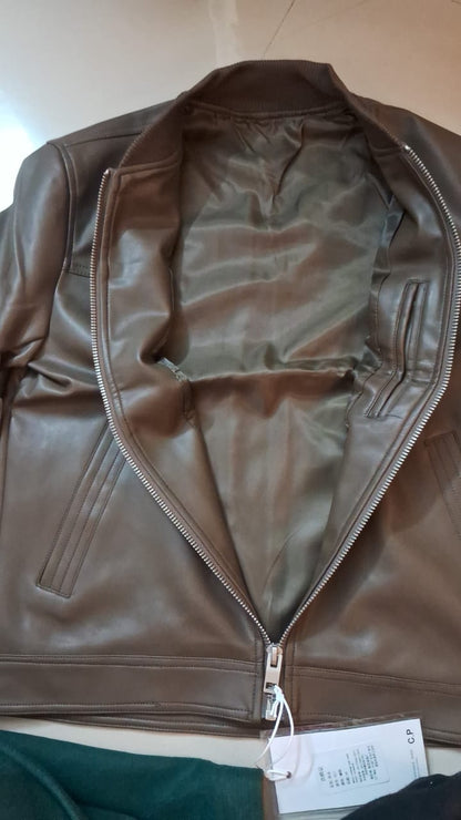 Leather Bomber Jacket - BROWN( Size - M)