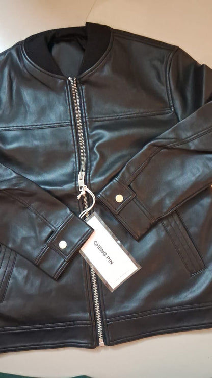 Leather Bomber Jacket - BLACK( Size - M)