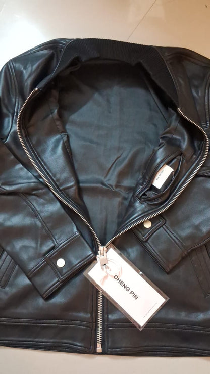 Leather Bomber Jacket - BLACK( Size - M)