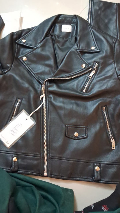 Leather BIKER Jacket - BLACK - size L