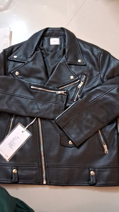 Leather BIKER Jacket - BLACK - size L
