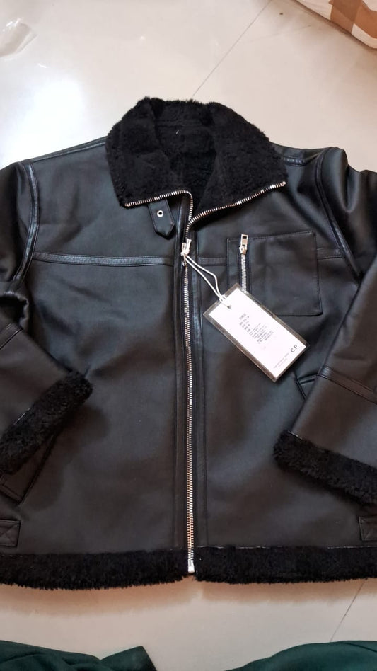 Leather Black Jacket with FUR - Size L