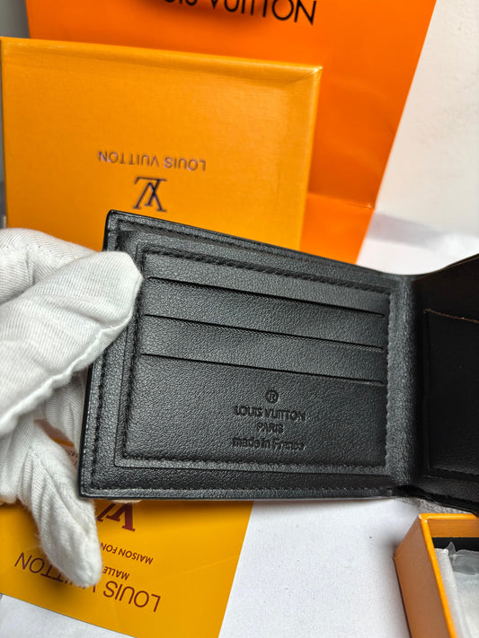 LV Logo Printed - BLACK-White patches - Leather Wallet { With Bag}