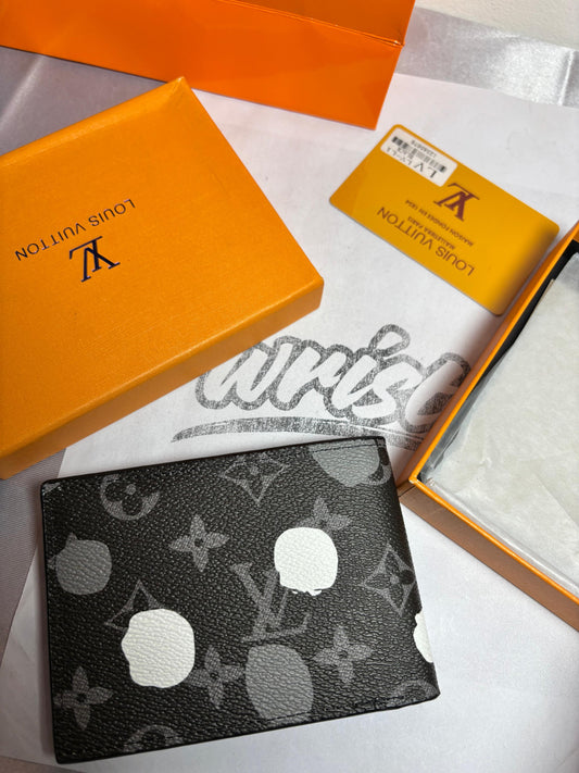 LV Logo Printed - BLACK-White patches - Leather Wallet { With Bag}