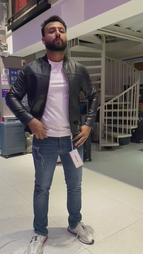 Leather Bomber Jacket - BLACK( Size - M)