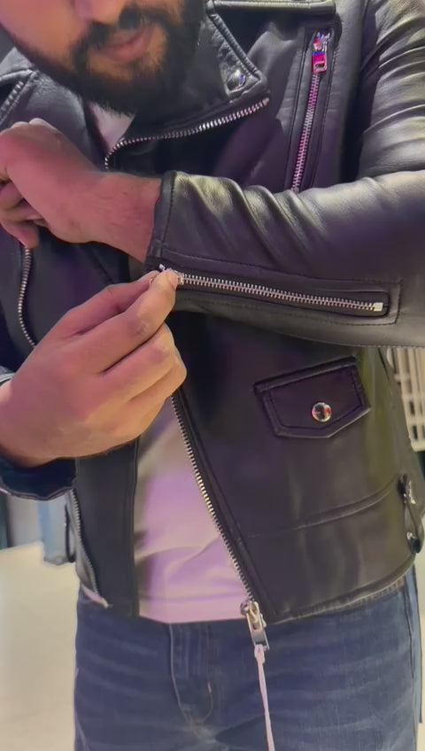 Leather BIKER Jacket - BLACK - size L