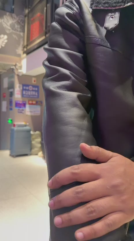 Leather Black Jacket with FUR - Size L