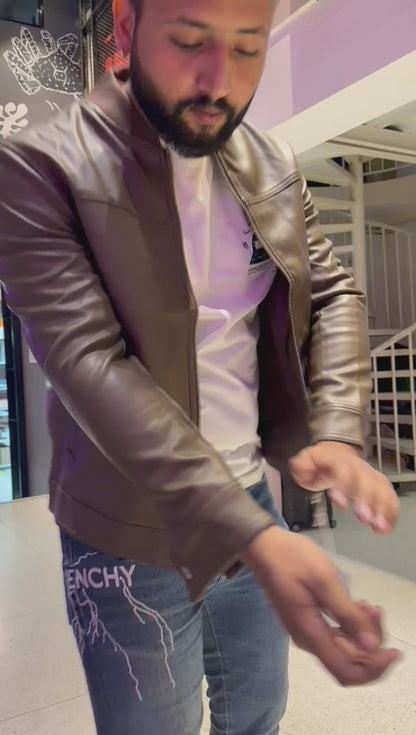 Leather Bomber Jacket - BROWN( Size - M)